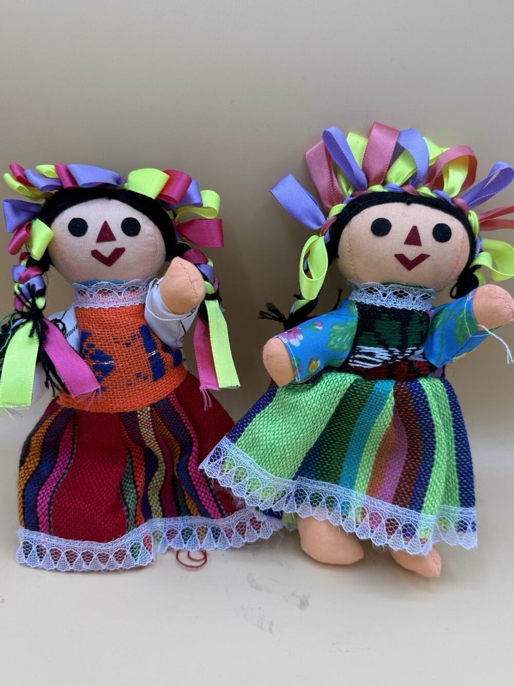 Lot 2 Handmade Mexican Folk Art Cloth Dolls Ribbon Hair Traditional 6”